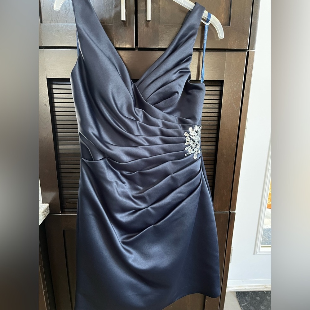 Mori Lee Midnight Blue Satin Dress with Crystal Accent